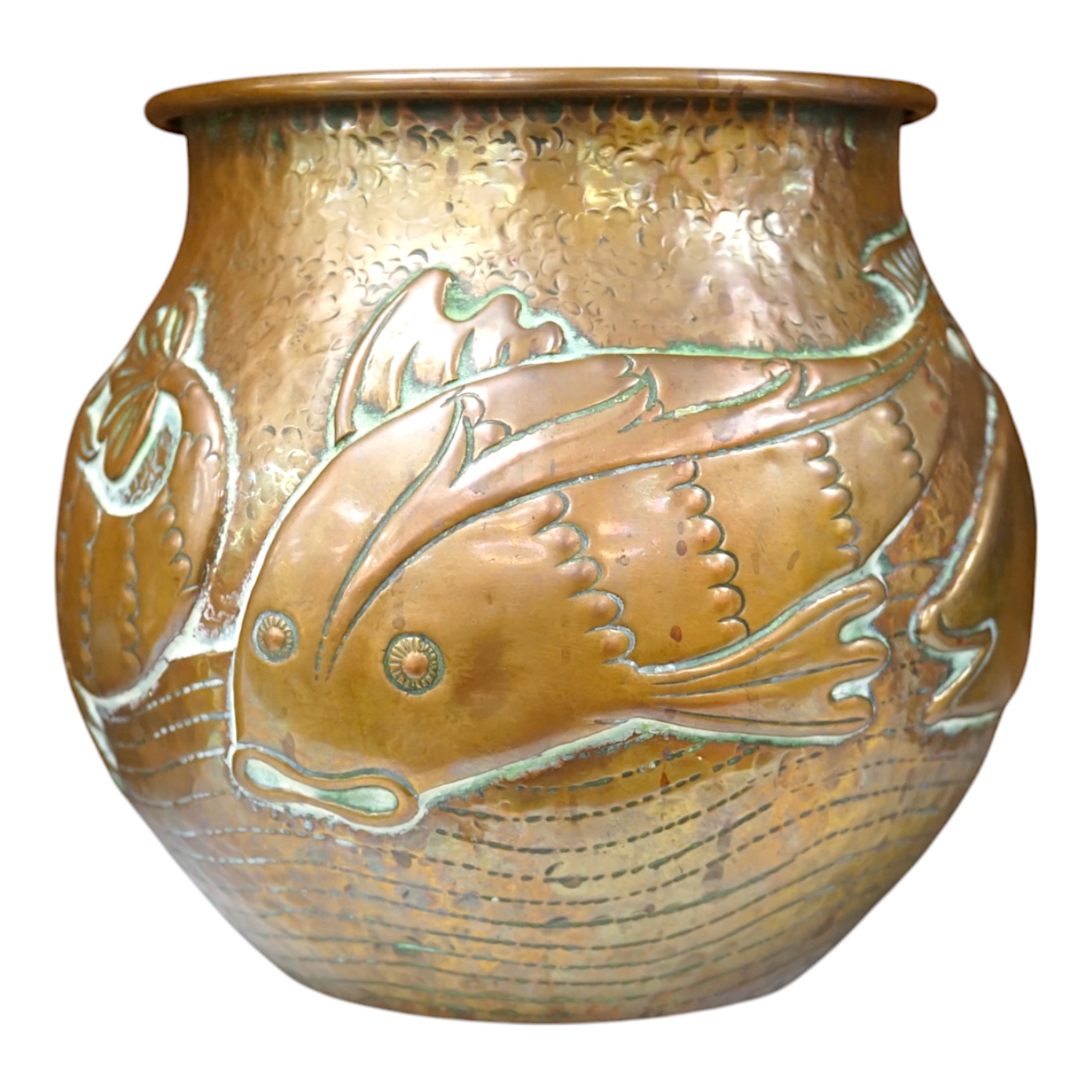 A Newlyn Arts & Crafts jardiniere by John Pearson, decorated with four different fish, signed and numbered 2473. Condition - minor dents, essentially good